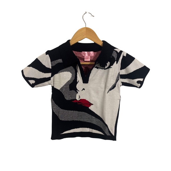Novelle Tops - Black, White & Red Graphic Polo Knit Tank